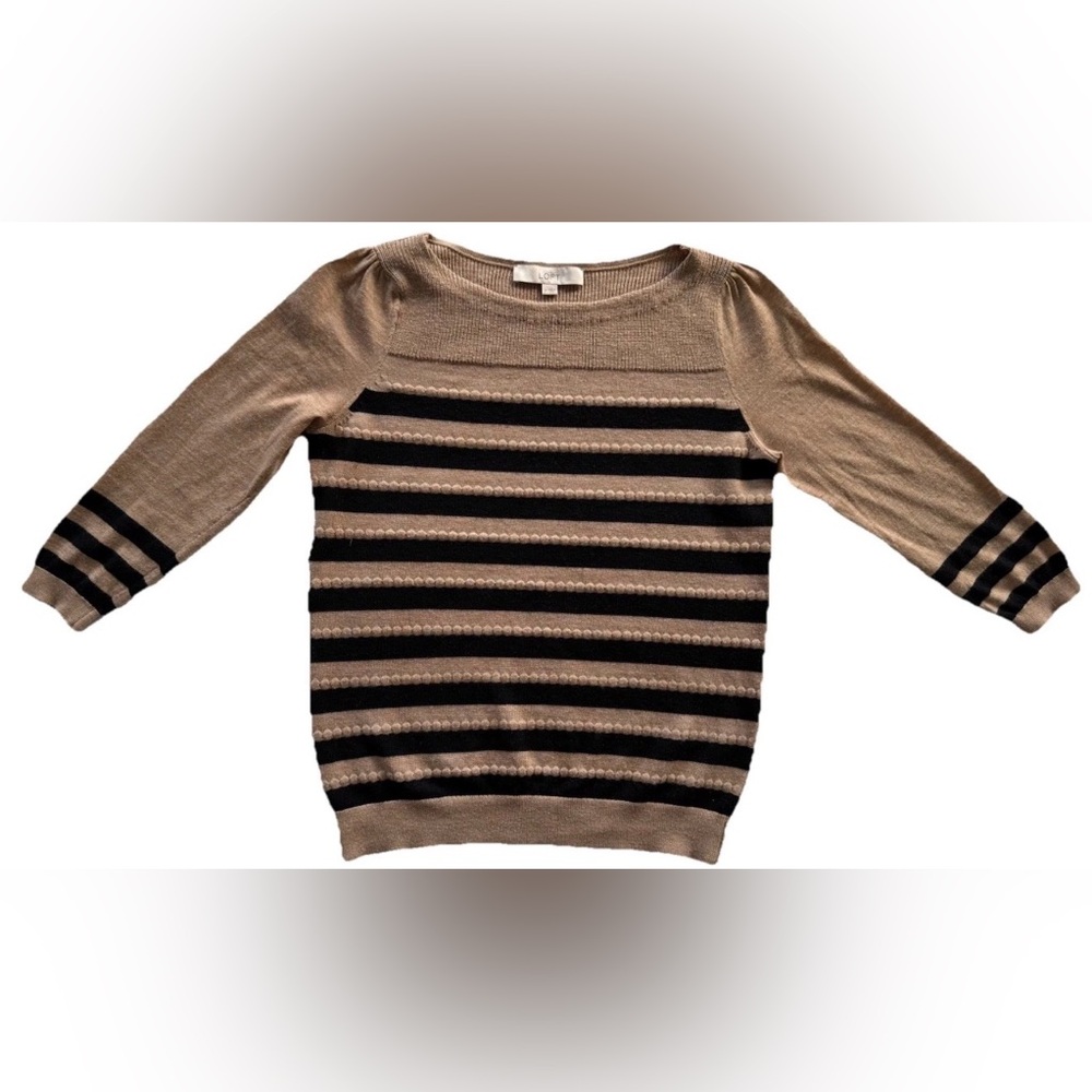 LOFT Medium Beige Black Striped Knit Lightweight Crew Neck Pullover Sweater